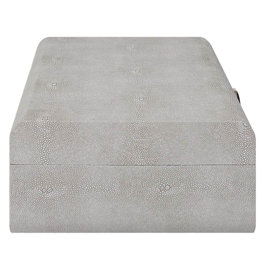 Angle View. Inspired by the art deco era, this decorative box showcases a faux white shagreen wrappe