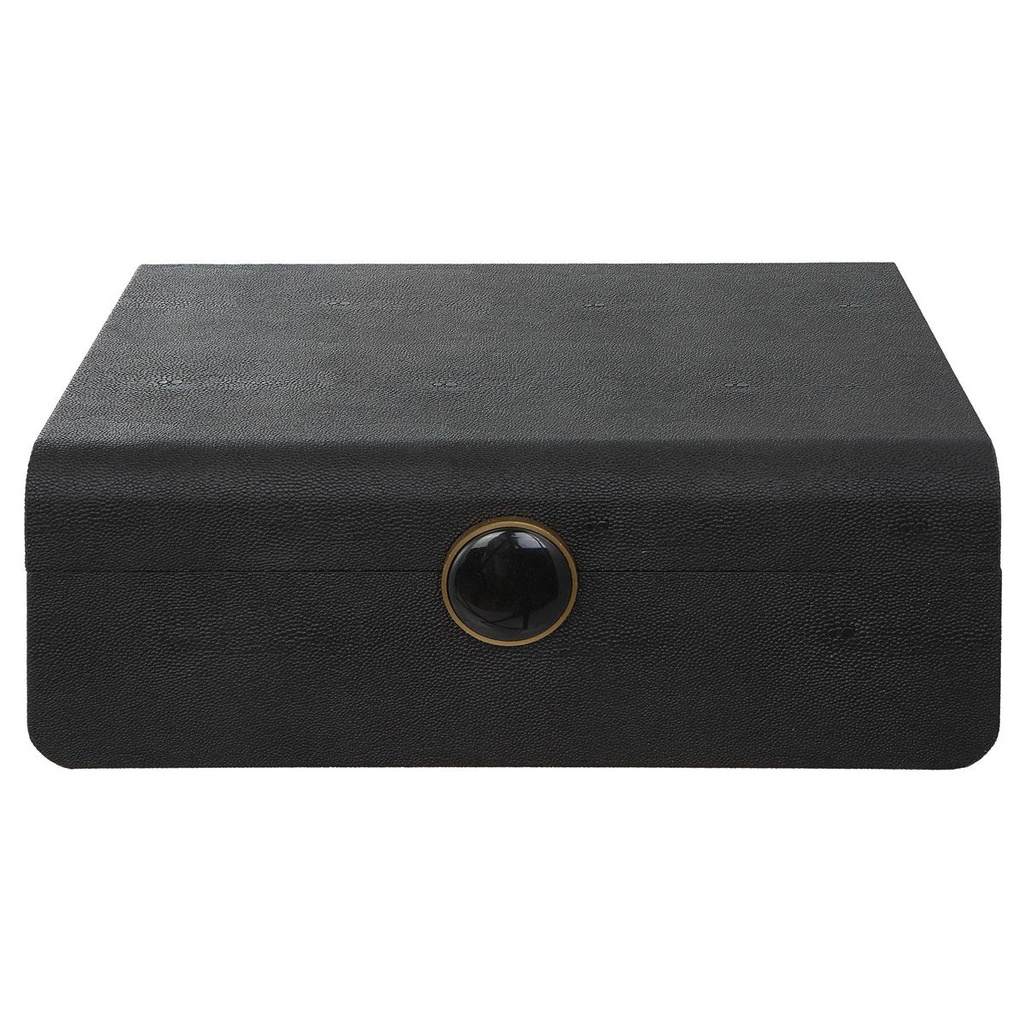 Front View. Inspired by the art deco era, this decorative box showcases a faux black shagreen wrappe