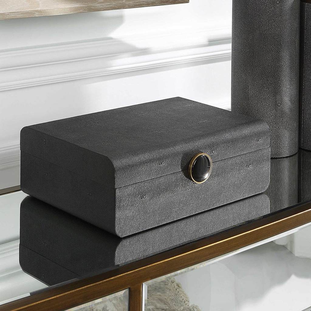 Decorative View. Inspired by the art deco era, this decorative box showcases a faux black shagreen w