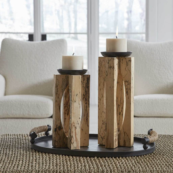 Decorative View. The Ilva Wood Candleholders are sculpted from tamarind wood in its natural finish a
