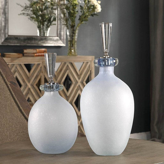 Decorative View. Pale blue bubble glass containers with stepped polished nickel and crystal cylinder