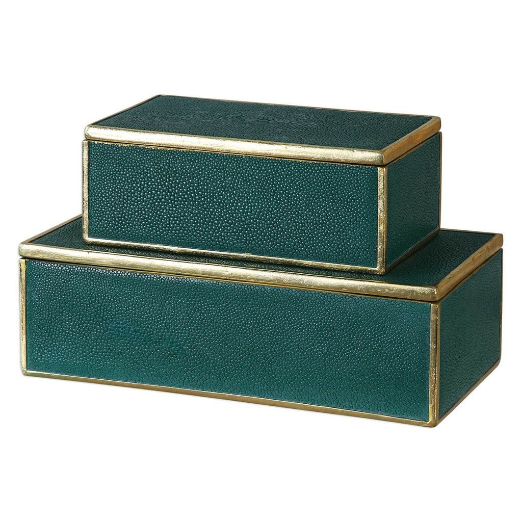 Front View. Emerald green boxes with bright gold leaf trim and removable lids. Sizes: s-9x3x5, l-12x