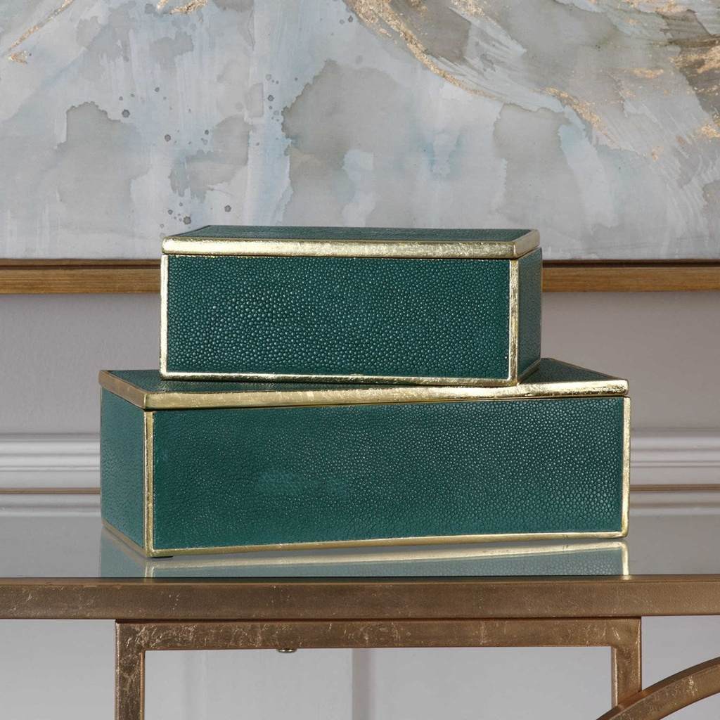 Decorative View. Emerald green boxes with bright gold leaf trim and removable lids. Sizes: s-9x3x5, 