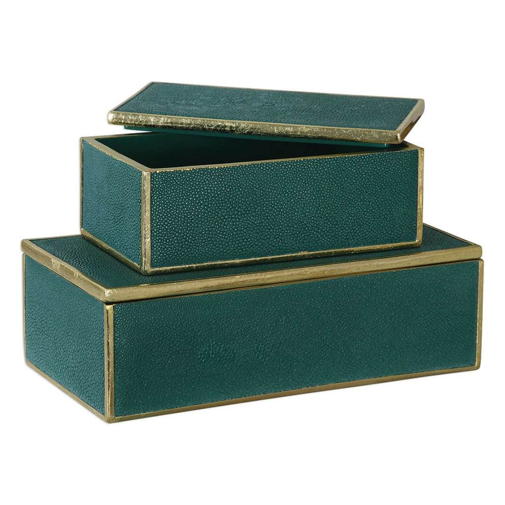 Angle View. Emerald green boxes with bright gold leaf trim and removable lids. Sizes: s-9x3x5, l-12x