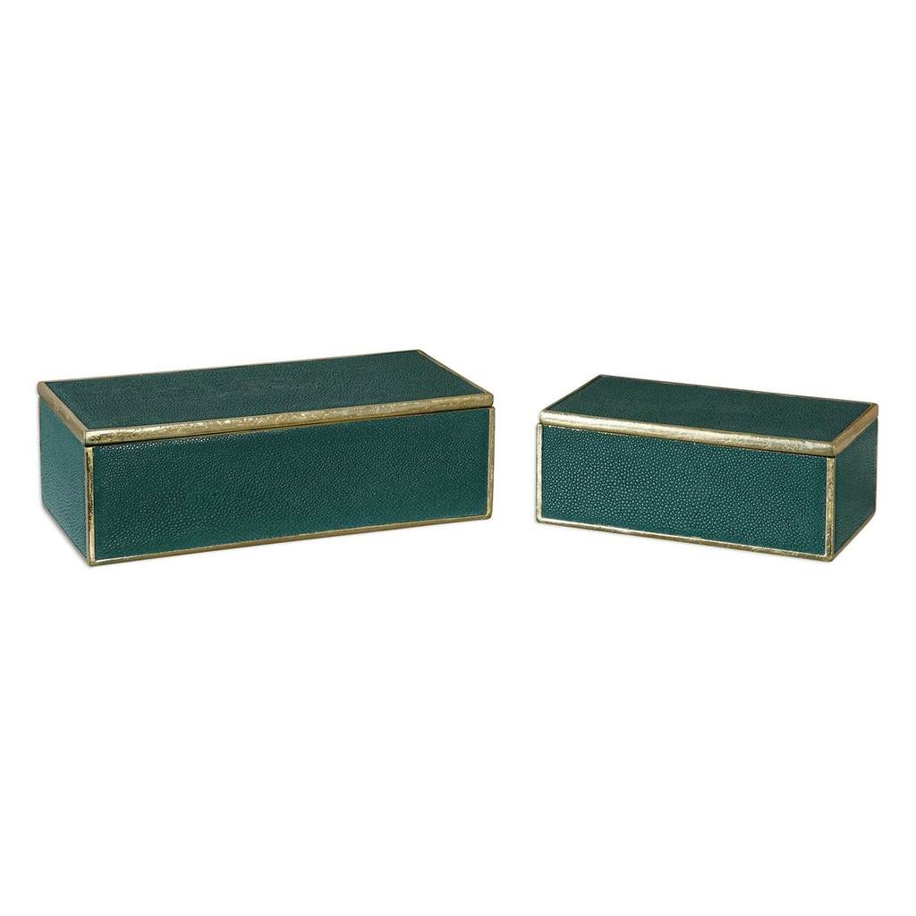 Front View. Emerald green boxes with bright gold leaf trim and removable lids. Sizes: s-9x3x5, l-12x