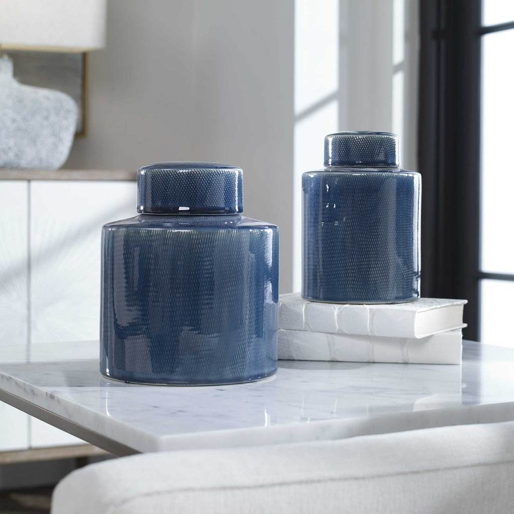 Decorative View. This set of two, sapphire blue ceramic containers feature a geometric pattern with 
