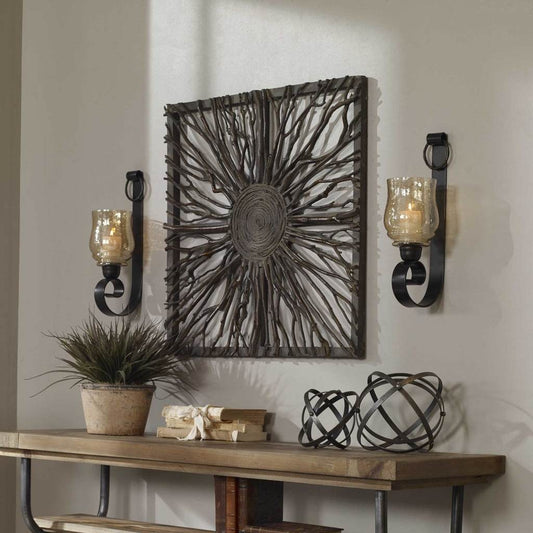 Decorative View. These decorative candleholders feature an antiqued bronze metal base with transpare