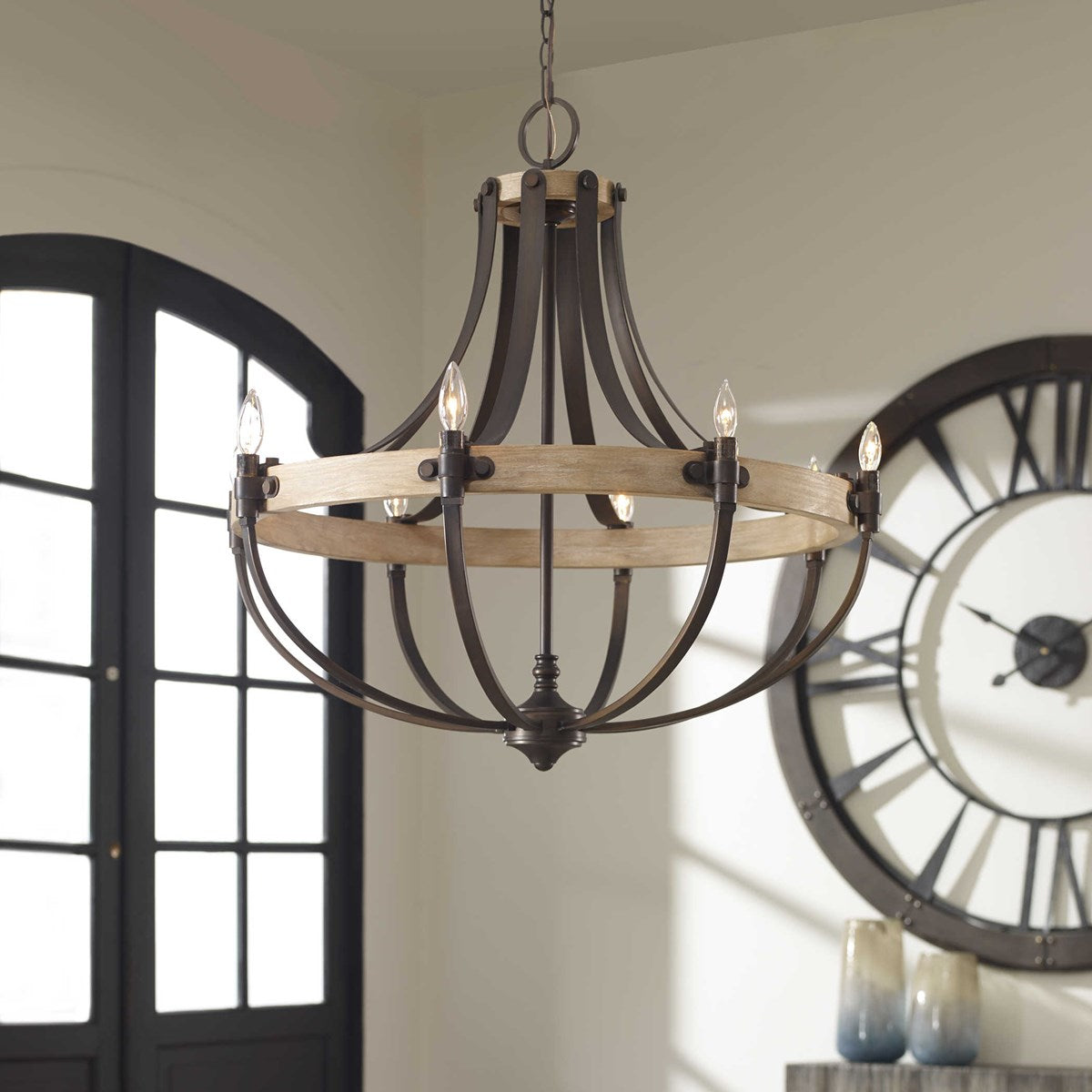 Decorative View. Updated Empire Shaped 8 Lt. Chandelier With A French Influence, Featuring A Ring Of