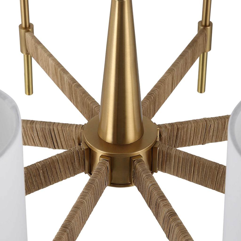Close-Up View. The Lautoka is a sophisticated casual 8 light chandelier featuring rattan wrapped arm