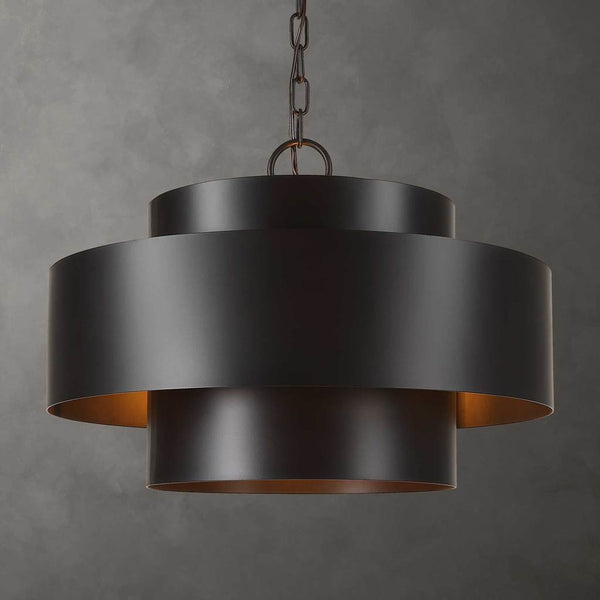 Decorative View. The Youngstown four light pendant features rich dark bronze inter-stacked cylinders