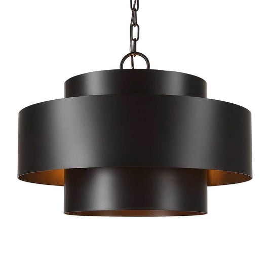 Front View. The Youngstown four light pendant features rich dark bronze inter-stacked cylinders that