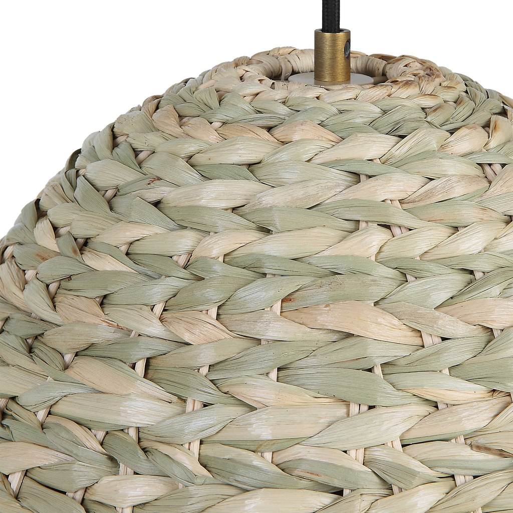 Close-Up View. The Cardamom has an organic handwoven natural corn rope shade that has an earthy rela