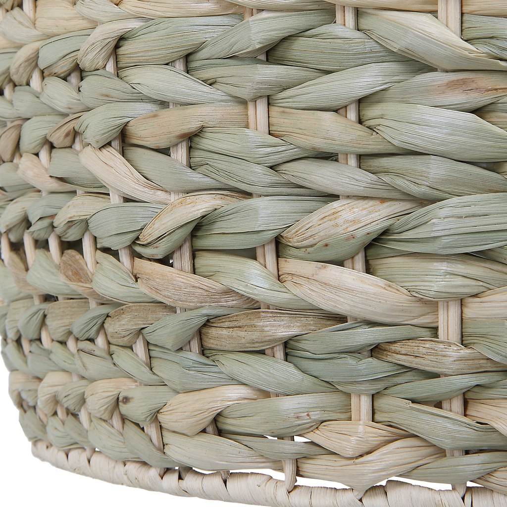 Close-Up View. The Cardamom has an organic handwoven natural corn rope shade that has an earthy rela