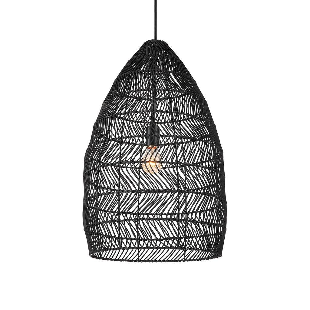Front View. The Nandi one light pendant has a hand woven matte black open weave rattan shade and mat