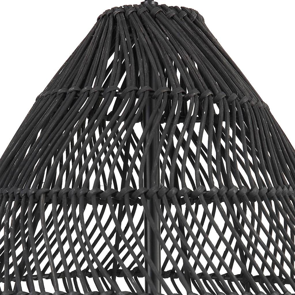 Close-Up View. The Nandi one light pendant has a hand woven matte black open weave rattan shade and 