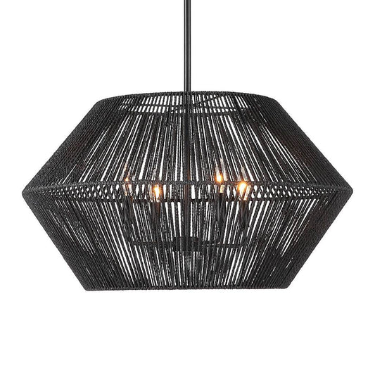 Front View. Natural rope is hand wrapped and dyed a chic black to form the shade of our Suva4 light 