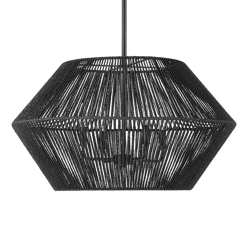 Front View. Natural rope is hand wrapped and dyed a chic black to form the shade of our Suva4 light 