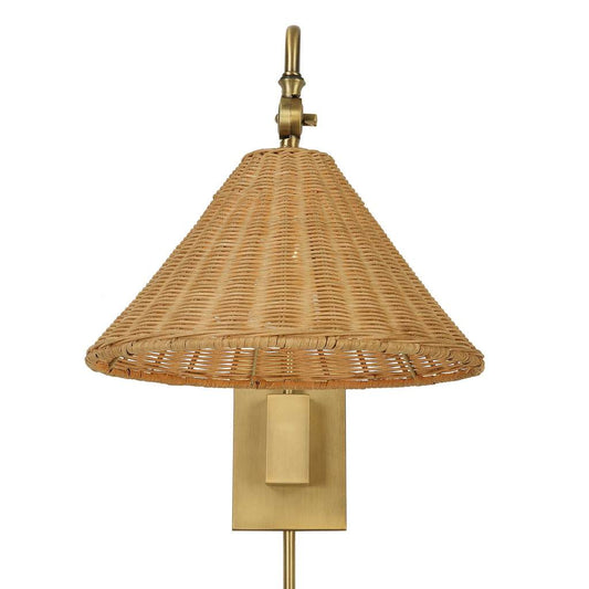 Front View. The Phuvinh One Light Wall Mount Sconce features woven natural rattan with a traditional