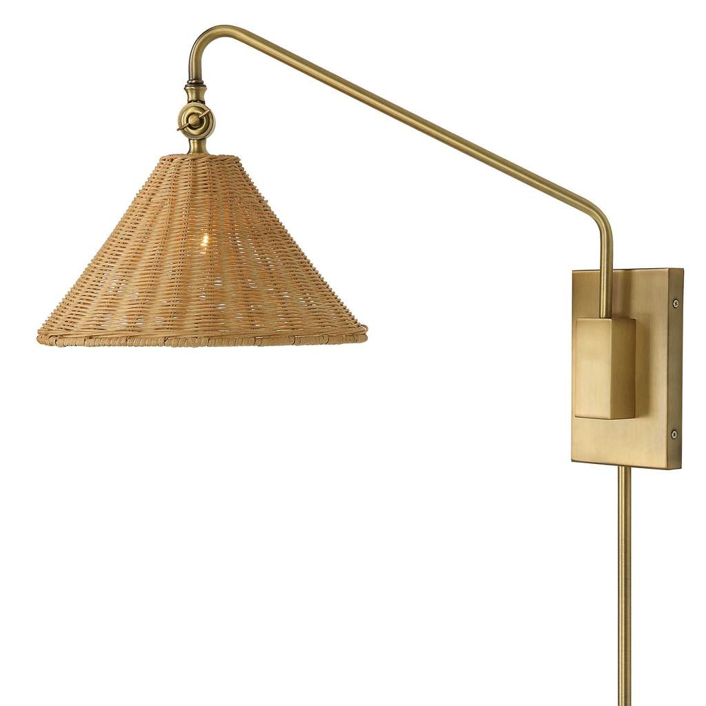 Angle View. The Phuvinh One Light Wall Mount Sconce features woven natural rattan with a traditional