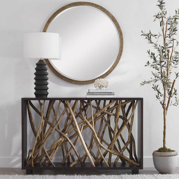 Decorative View. The teak maze console is sure to make a statement in any space. This beautifully un
