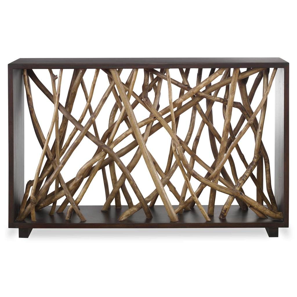 Front View. The teak maze console is sure to make a statement in any space. This beautifully unique 