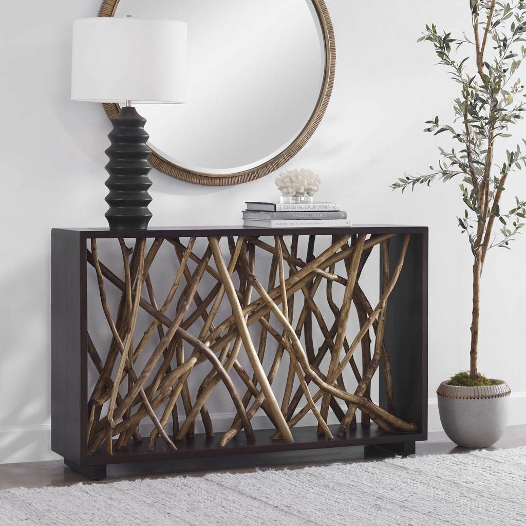 Decorative View. The teak maze console is sure to make a statement in any space. This beautifully un