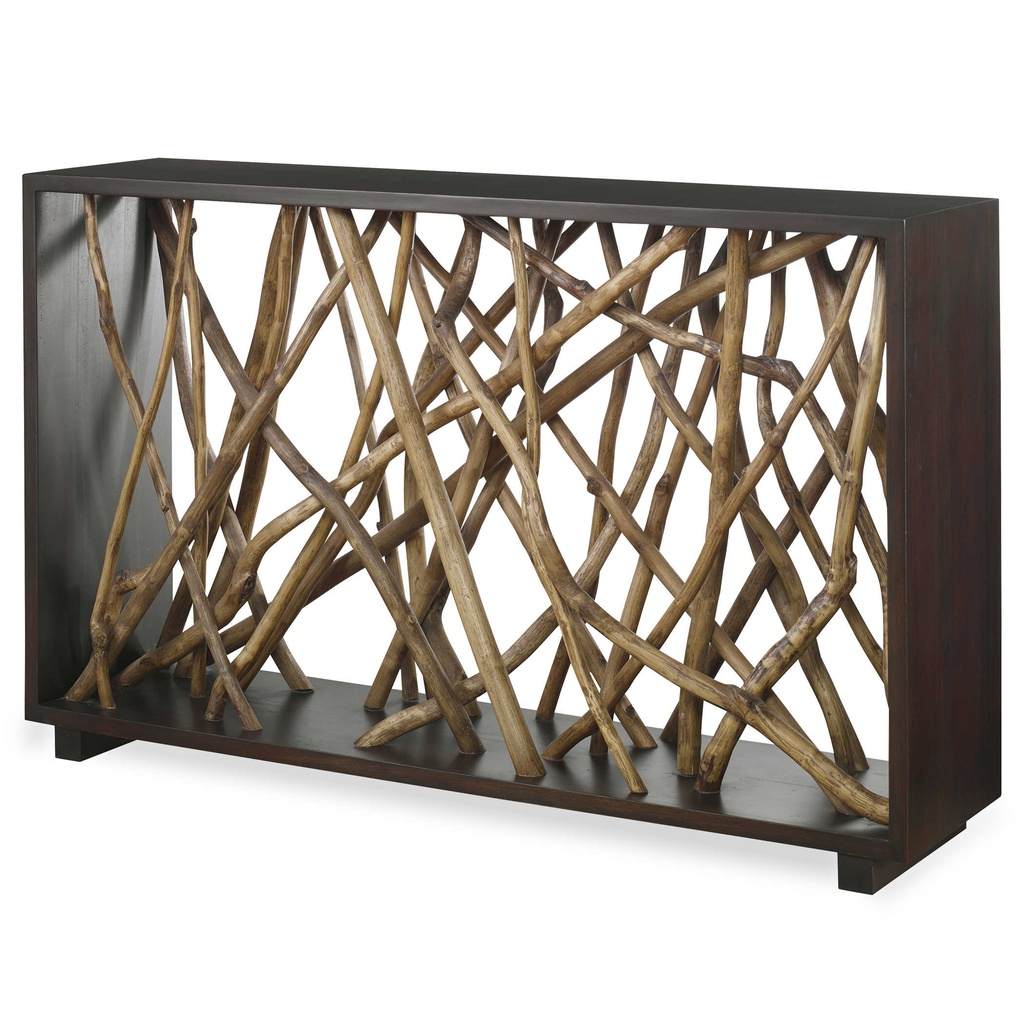 Angle View. The teak maze console is sure to make a statement in any space. This beautifully unique 