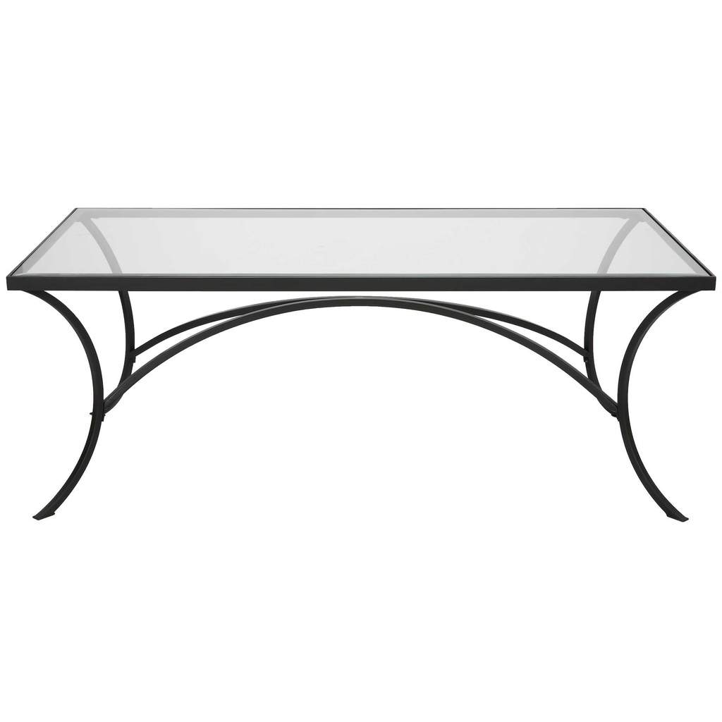 Front View. The Alayna Coffee Table features gracefully arched hand forged metal that is finished in