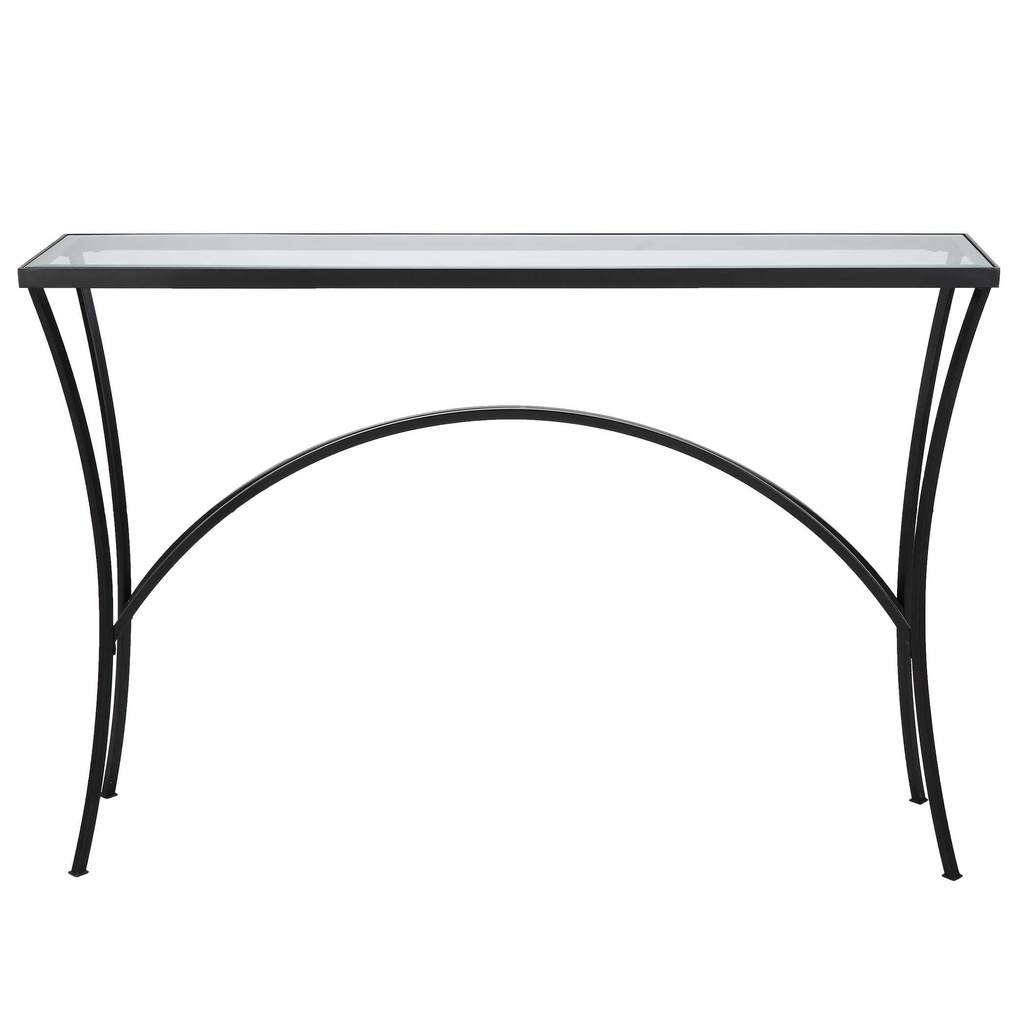 Front View. The Alayna Console Table features gracefully arched hand forged metal that is finished i