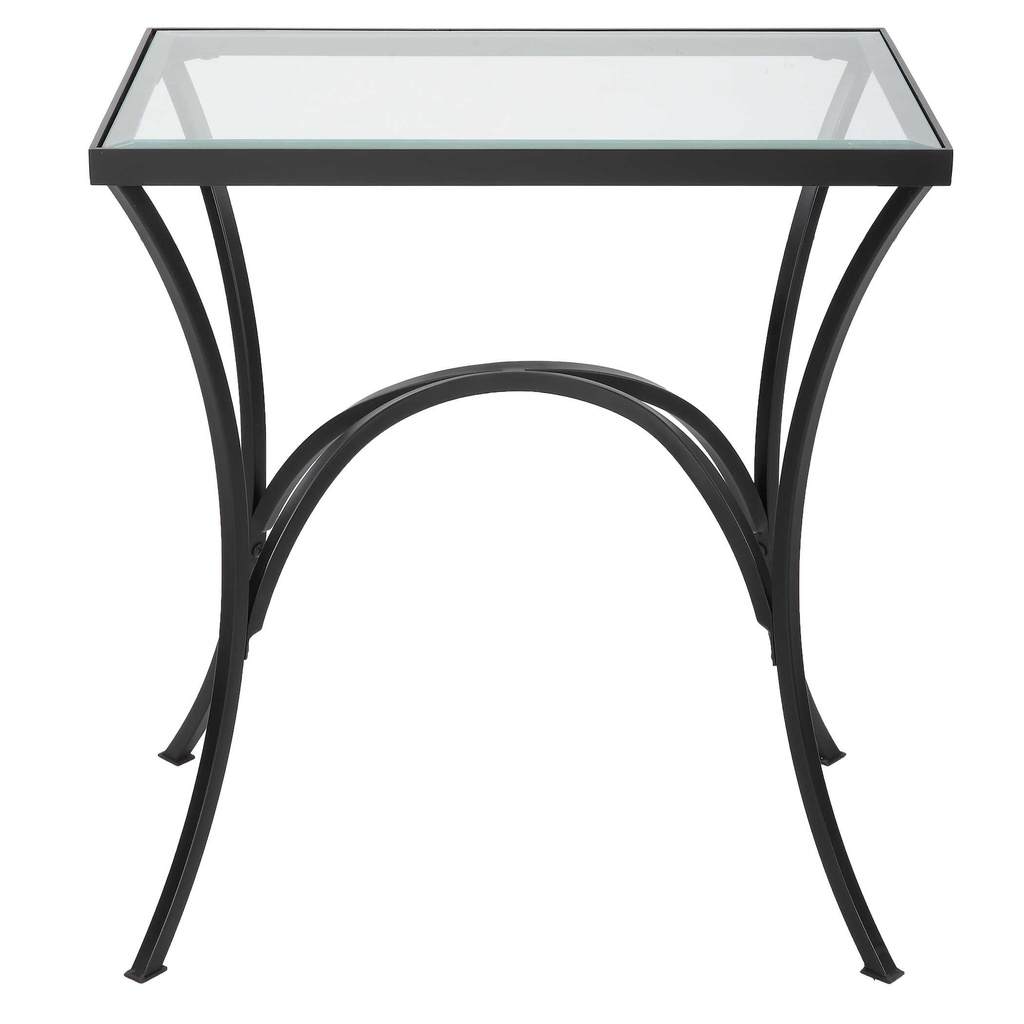 Front View. The Alayna End Table features gracefully arched hand forged metal that is finished in sl