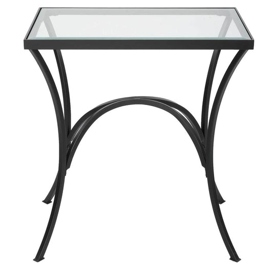 Front View. The Alayna End Table features gracefully arched hand forged metal that is finished in sl