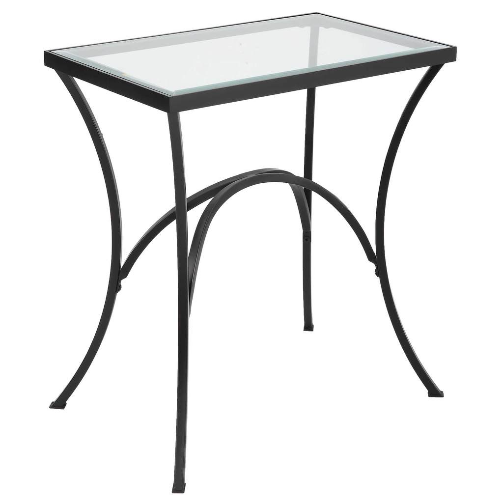 Angle View. The Alayna End Table features gracefully arched hand forged metal that is finished in sl