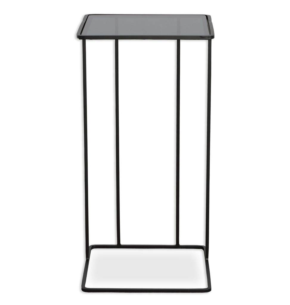 Angle View. Minimally designed with versatility, this petite hand forged iron accent table is finish