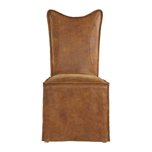 Front View. The Delroy Armless Chairs feature a thick top grain nubuck leather slipcover in a distre