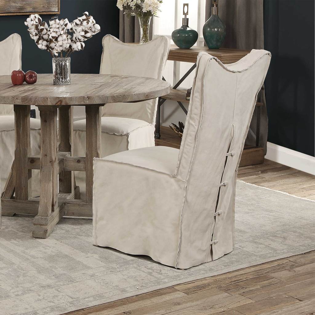 Decorative View. The Delroy Armless Chairs feature a thick top grain nubuck leather slipcover in a d