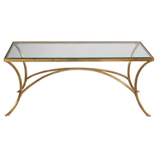 Front View. The Alayna Coffee Table features gracefully arched hand forged iron that is finished inh