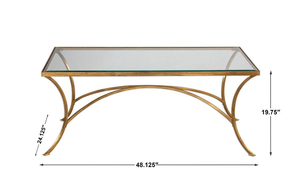Measurement View. The Alayna Coffee Table features gracefully arched hand forged iron that is finish