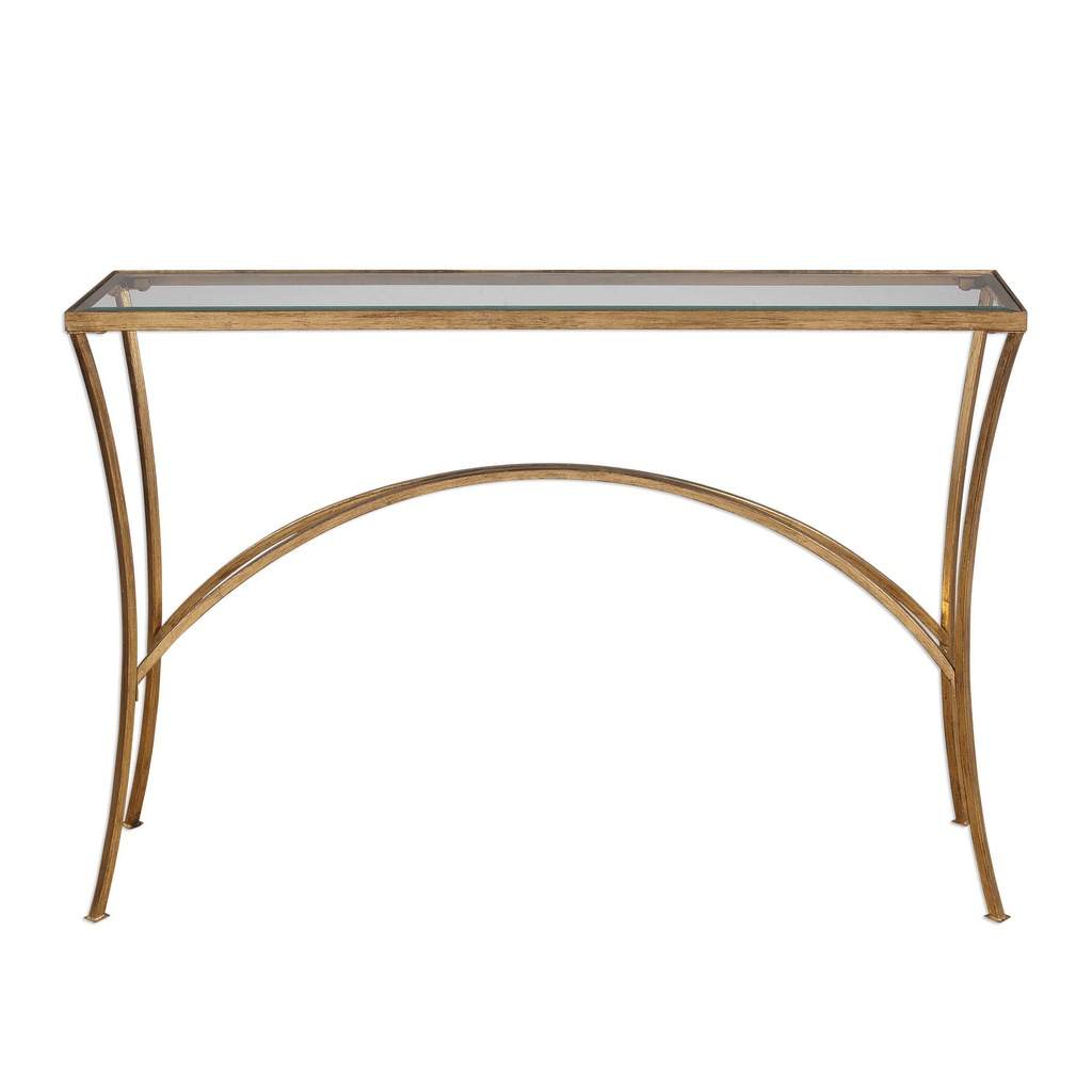 Front View. The Alayna Console Table features gracefully arched hand forged iron that is finished in