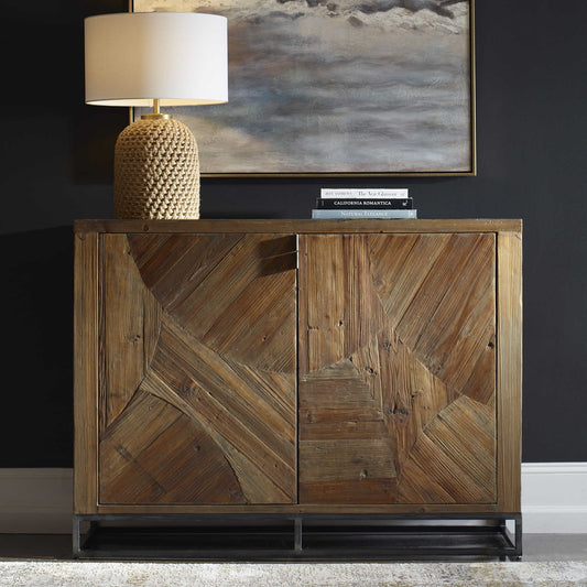 Decorative View. Featuring Abstract Geometric Marquetry Doors In Reclaimed Fir Wood, Sun Faded And W