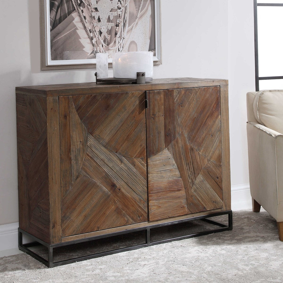 Angle View. Featuring Abstract Geometric Marquetry Doors In Reclaimed Fir Wood, Sun Faded And Washed