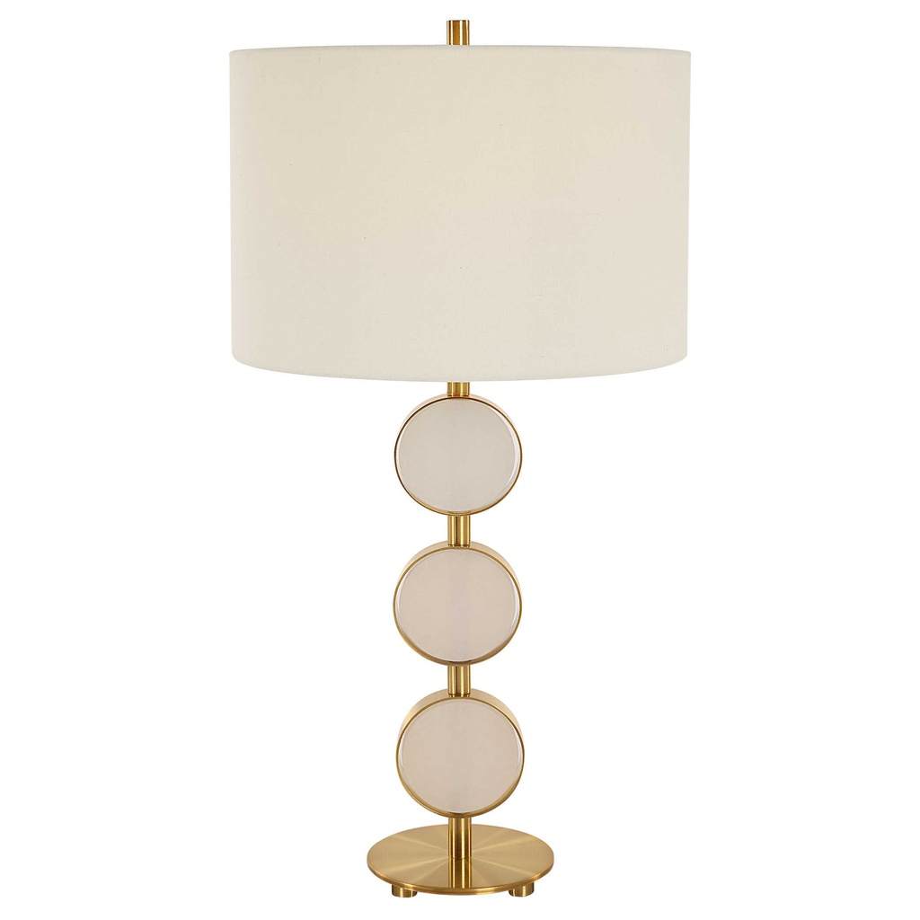 Front View. This table lamp brings a soft contemporary flair to any room by featuring three suspende