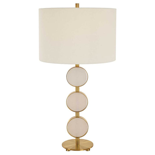 Front View. This table lamp brings a soft contemporary flair to any room by featuring three suspende