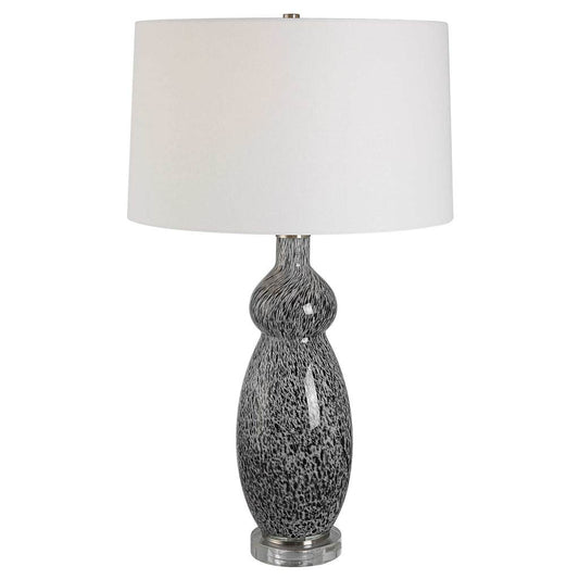 Front View. The Velino Curvy Glass Table Lamp base features a soft gray background with mottled blac