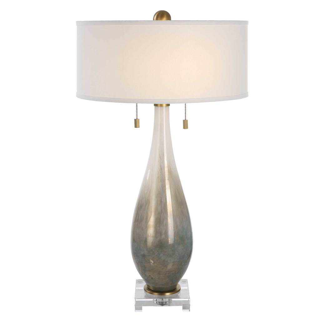 Front View. The Cardoni Table Lamp is created from gloss white glass featuring metallic smoked bronz