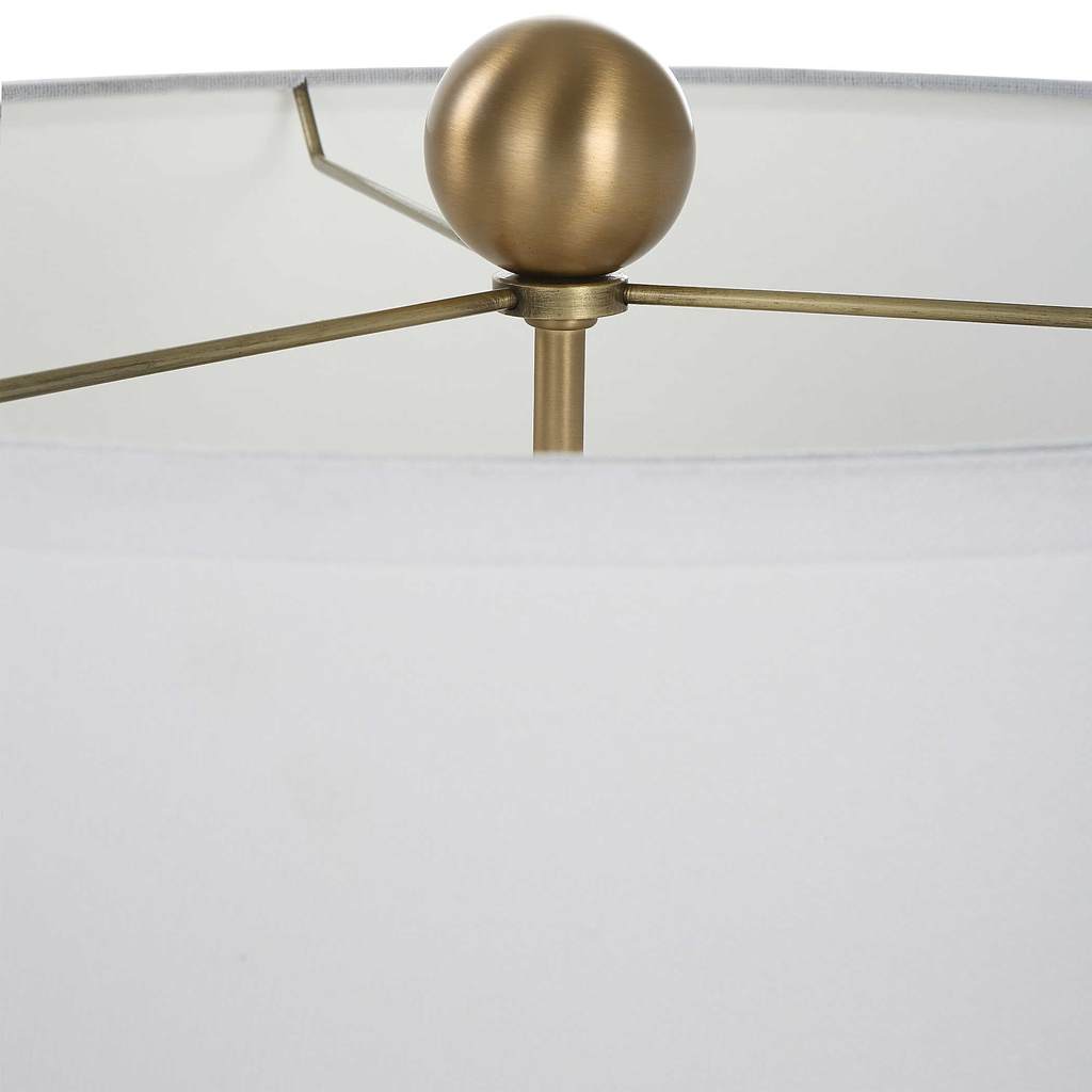 Close-Up View. The Cardoni Table Lamp is created from gloss white glass featuring metallic smoked br