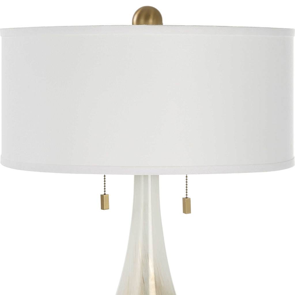 Close-Up View. The Cardoni Table Lamp is created from gloss white glass featuring metallic smoked br