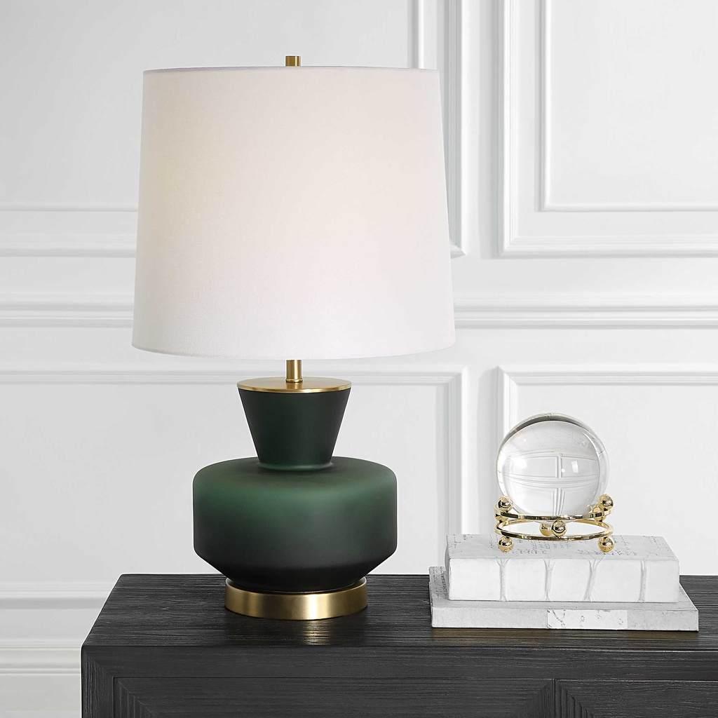 Decorative View. The Trentino Dark Emerald Green Table Lamp is inspired by mid-century modern design