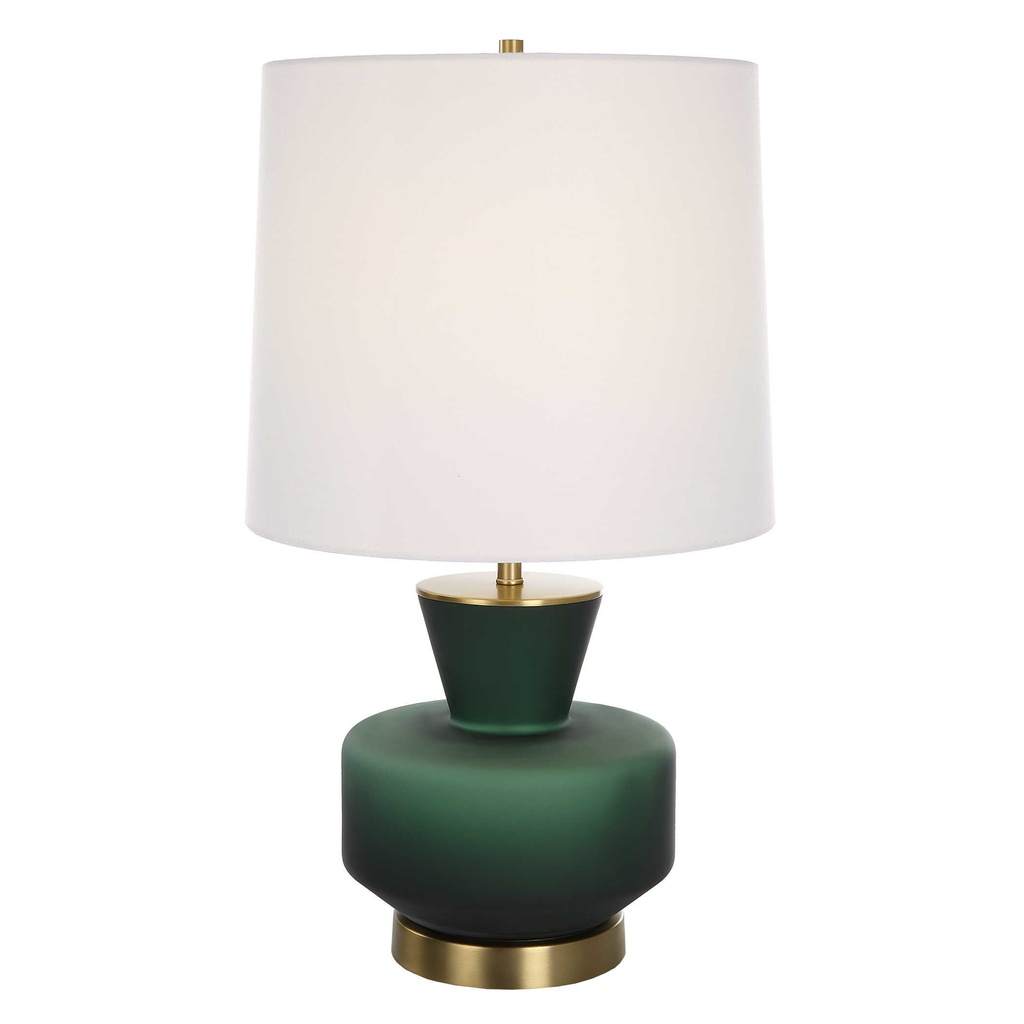 Front View. The Trentino Dark Emerald Green Table Lamp is inspired by mid-century modern design. Thi
