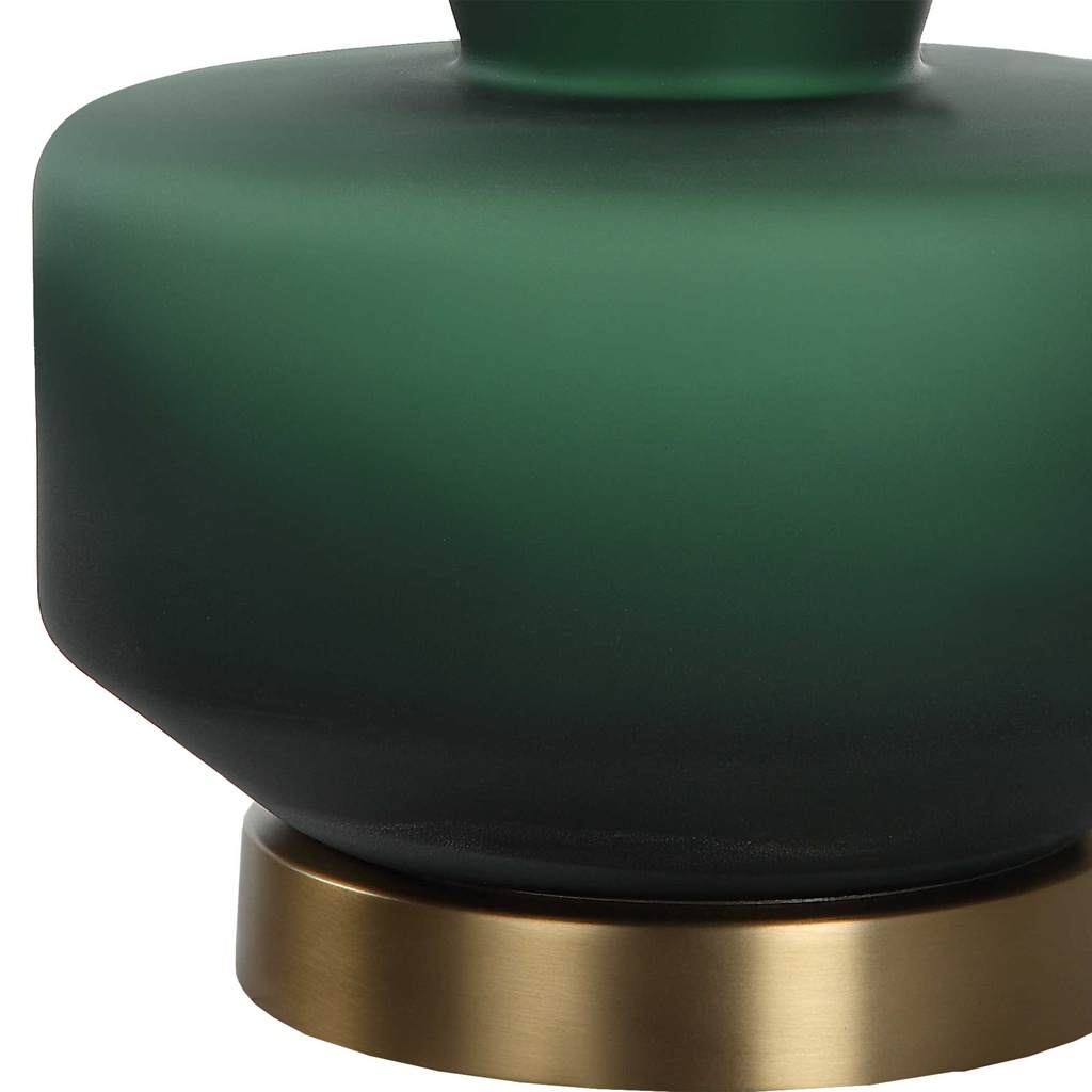 Close-Up View. The Trentino Dark Emerald Green Table Lamp is inspired by mid-century modern design. 
