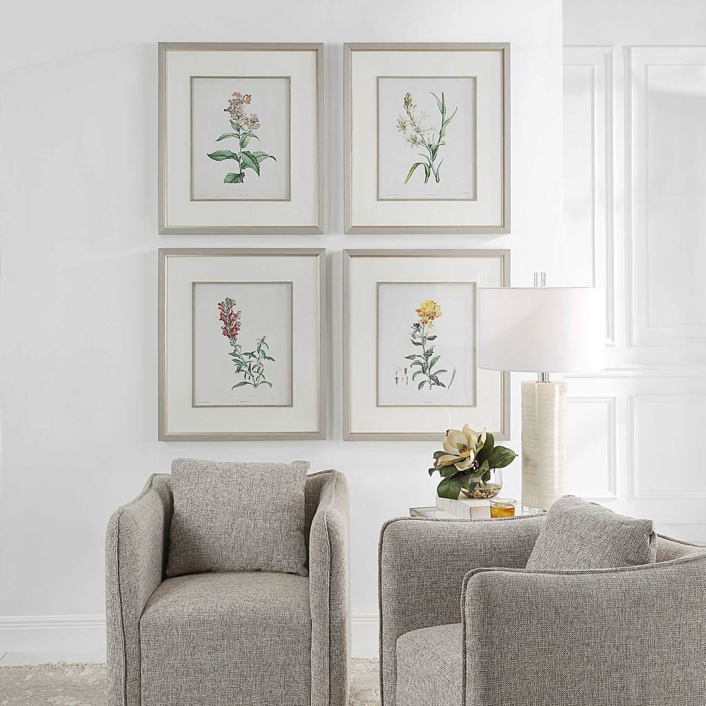 Decorative View. The Heirloom Blooms Study is a set of four prints of antique blooms that have been 